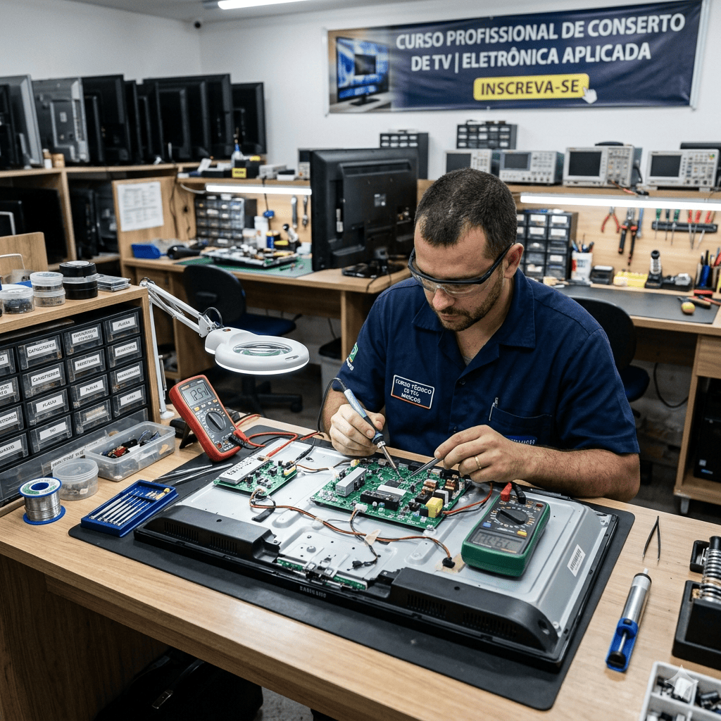 Técnico consertando TV em uma bancada de serviço